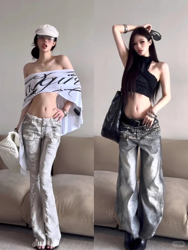 低腰双搭 · 银灰做旧牛仔