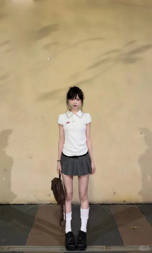 土黄墙前 · 白色 Polo + 百褶裙
