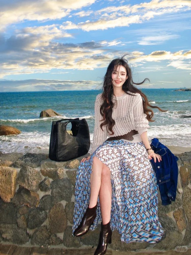 海边石墙 · 针织 + 印花长裙