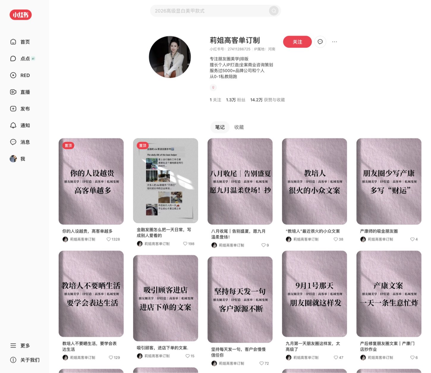 莉姐高客单订制 小红书主页截图
