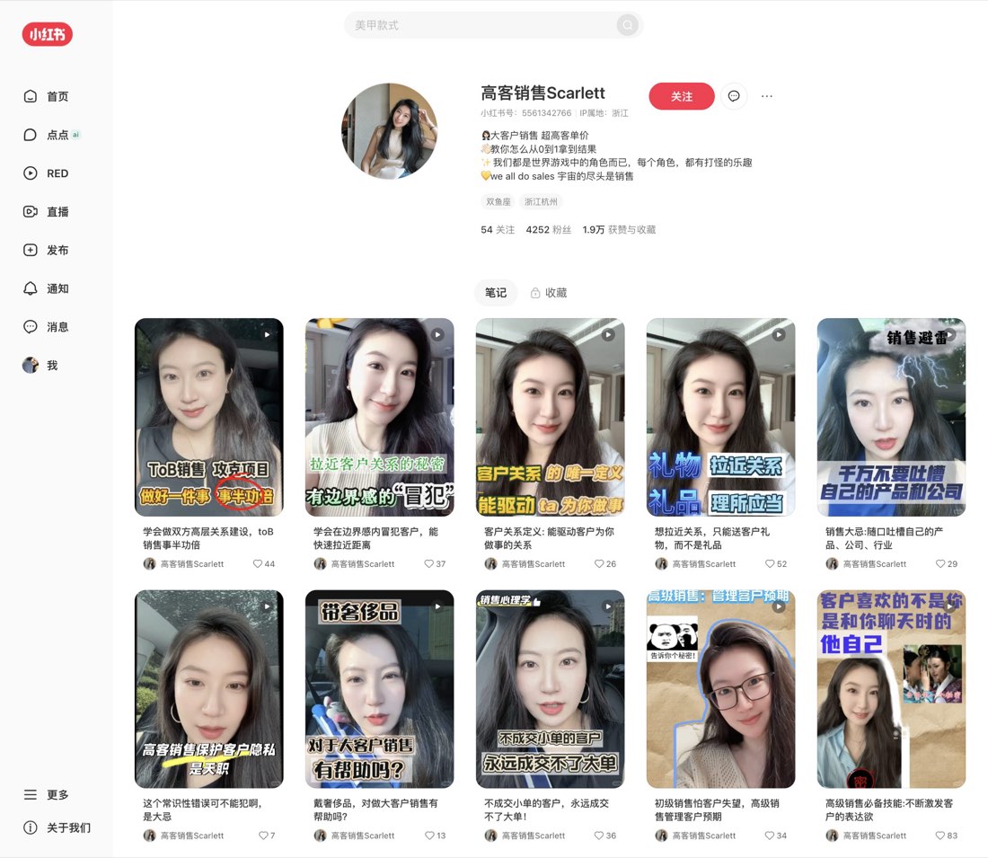 高客销售Scarlett 小红书主页截图